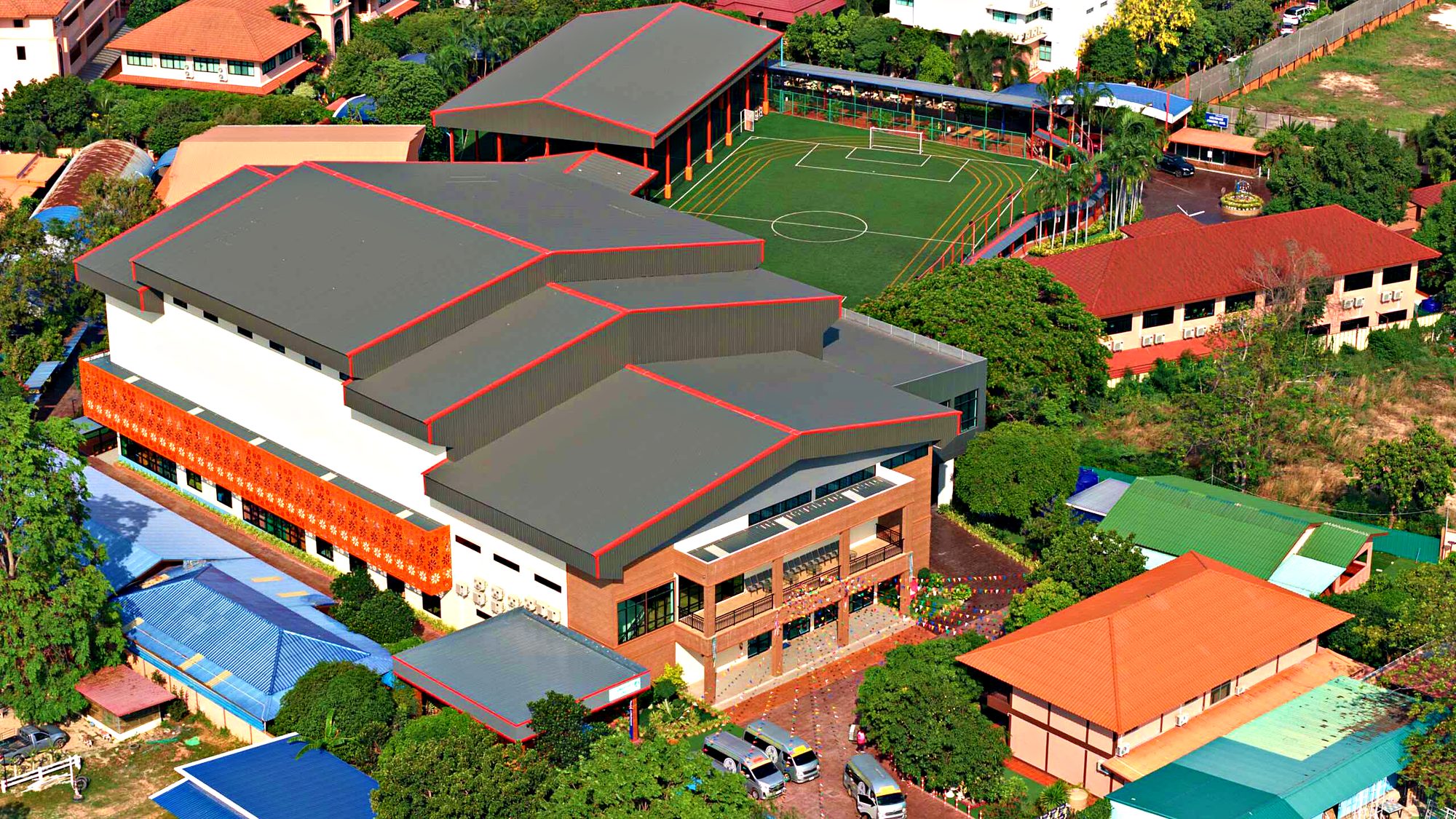 Sports building and pitch from above